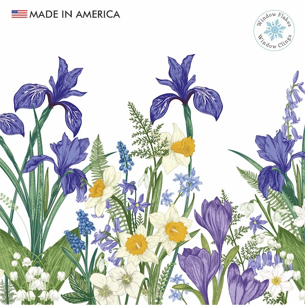 Window Flakes Botanical Spring Flower Window Cling Decal with Crocuses, Ferns, Daffodils & Snowdrops.