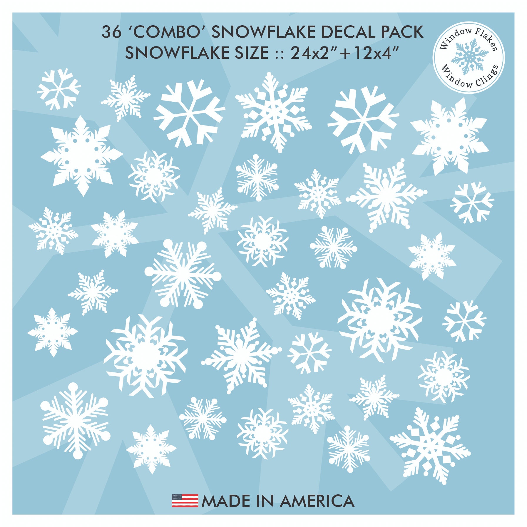 36 x Christmas Snowflake Window & Glass Cling Decals. Vinyl Snowflake Winter Home Decor Decoration. Reusable. No Adhesive. Made in America.