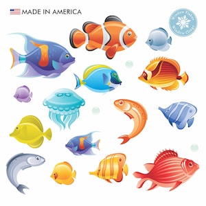 Tropical Fish Decals For Windows, Shower Doors, Glass Panels or Kids Room Mirrors. Promotes Glass Safety. 15 Sea Creatures. Made in America