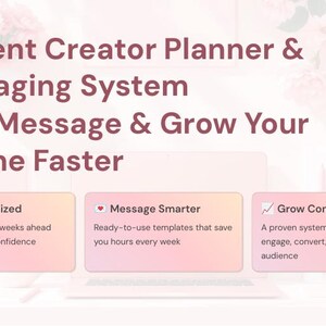 Peut inclure: Graphique de marketing numérique avec le texte "Content Creator Planner & Messaging System". L'image met en évidence les fonctionnalités clés : "Stay Organized", "Message Smarter" et "Grow Consistently". L'arrière-plan présente un ordinateur portable et des éléments floraux.