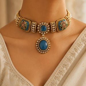 Luxury Gold Plated Kundan Bridal Choker Necklace Set with Matching Earrings ROZ Jewellers.