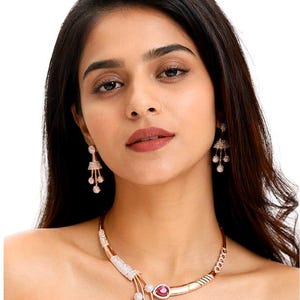 Modern Bridal Ruby & Diamond Simulant Set | Sleek Gold Tone Evening Jewelry Roz jewellers