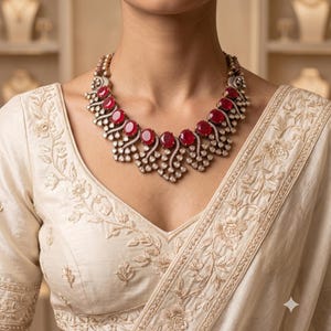 May include: A statement necklace featuring a series of oval-shaped deep red gemstones set in a metallic frame. The piece is adorned with intricate filigree metalwork and small white stones, creating a layered, botanical-inspired design.