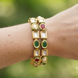ROZ-505 Squisiti bracciali placcati oro con pietre multiple in stile pakistano, ideali come regalo di lusso, bracciali Kundan, set di gioielli da sposa / Roz Jewellers