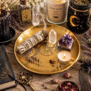 Könnte beinhalten: Ein goldfarbenes Metalltablett mit einem zentralen Pentagramm-Symbol, auf dem ein rauchendes Salbei-Bündel, eine klare Quarzkristallspitze, eine Amethyst-Stufe und ein Teelicht liegen. Das Tablett ist umgeben von einer schwarzen Kerze, einem Buch mit dem Titel Book of Shadows, einem Glas mit der Aufschrift Moon Magic, getrocknetem Lavendel, Rosenknospen und einem dekorativen Schlüssel.