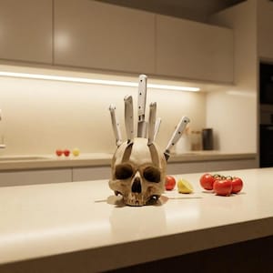 May include: A beige skull-shaped knife holder with several knives inserted into the top. The knives have white handles and silver blades. The holder is on a light-colored countertop with tomatoes and a lemon.