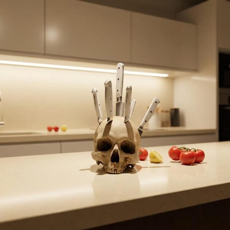 May include: A beige skull-shaped knife holder with several knives inserted into the top. The knives have white handles and silver blades. The holder is on a light-colored countertop with tomatoes and a lemon.