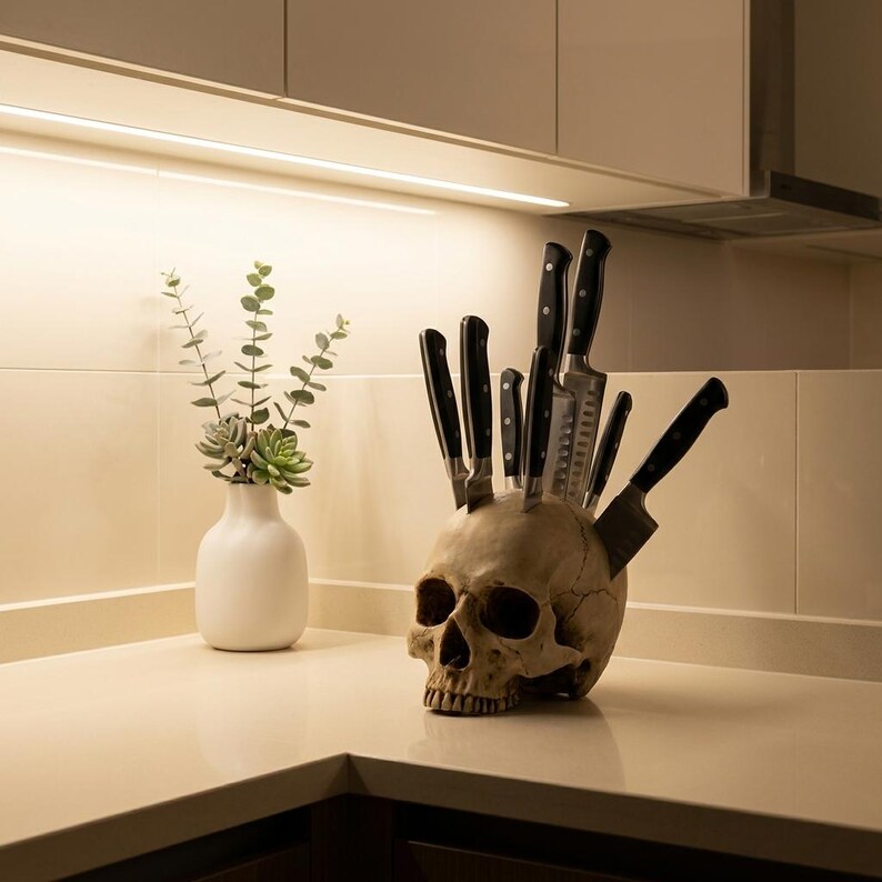 May include: A skull-shaped knife holder made of a light tan material, holding several black-handled kitchen knives. The skull has detailed features and is placed on a countertop. A white vase with greenery is to the left.