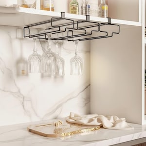 Metal Hanging Wine Glass Holder, Under Cabinet Stemware Rack, Modern Bar Organizer