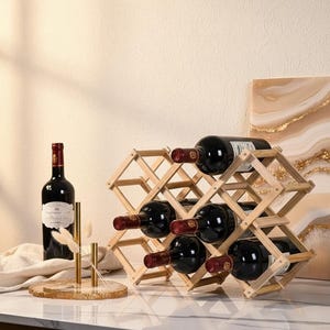 Foldable Wooden Wine Rack, Stackable Rustic Bottle Holder, Home Bar Organizer, Pine Wood Decor