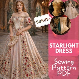 Puede incluir: Una mujer con un vestido crema con hombros descubiertos y adornos rojos y dorados, sosteniendo un abanico. La imagen incluye un bono de tres diseños de corsé y el texto "STARLIGHT DRESS Sewing Pattern PDF."