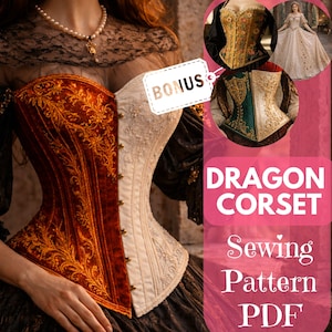 May include: A split-design corset, half in rich red velvet with gold embroidery, the other half in ivory lace. The image includes a "BONUS" tag and text that reads "DRAGON CORSET Sewing Pattern PDF". Additional corset designs are shown in the background.