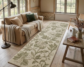 Beige Sage Green Floral Runner Rug, Botanical Embossed Wool Carpet, Cottagecore Hallway Décor