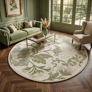 May include: A large, round area rug featuring a cream-coloured background with an embossed, sage green floral pattern. The design consists of large, stylised flower blossoms and winding leafy vines that extend across the entire circular surface.