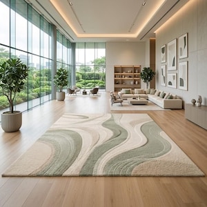Abstract Sage Green Wave Area Rug, Tufted Plush Cream Scandinavian Carpet