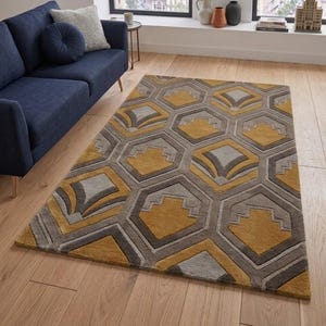 Modern Geometric Area Rug, Mustard Yellow Grey Carpet, Hand Tufted Style Living Room Rug, Contemporary Hexagon Pattern Rug
