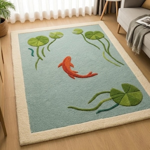 Handmade Koi Fish Tufted Rug, Lotus Leaf Punch Needle, Japanese Pond Inspired Area Rug