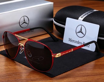 Gafas de sol de aviador rojo y dorado para hombre, montura metálica premium con protección UV400, gafas de sol de piloto de lujo con diseño exclusivo, regalo de moda en gafas, Mercedes-Benz