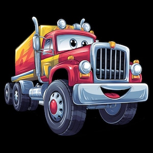 Puede incluir: Ilustración de dibujos animados de un camión rojo y amarillo con una cara sonriente. El camión tiene ruedas grandes, faros y un remolque amarillo. El fondo es negro sólido.