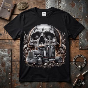 Puede incluir: Camiseta negra con un gráfico detallado de un camión delante de una calavera grande, con calaveras más pequeñas y siluetas de aviones. El diseño es en tonos grises y negros, con un acabado metálico. La camiseta tiene cuello redondo.