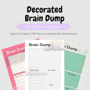 Op de afbeelding: Digitale, printbare "Decorated Brain Dump" sjablonen in roze, wit en groen. De sjablonen bevatten secties voor grote prioriteiten, notities en een "Niet vergeten" sectie. De tekst luidt "Decorated Brain Dump" en "10 Different Colours".