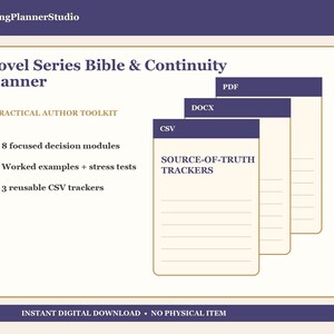 Novel Series Bible Planner, Author Continuity Tracker (PDF, DOCX, CSV)