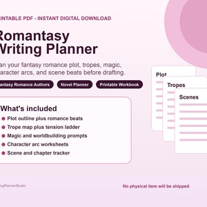 May include: A digital Romantasy Writing Planner printable PDF featuring a light pink background with dark purple text. It includes sections for plot, tropes, and scenes, with a list of included worksheets like character arcs and magic prompts.