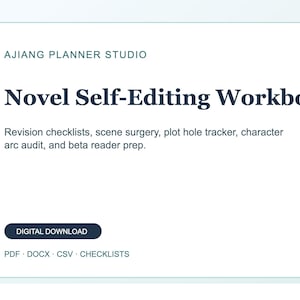 以下が含まれることがあります： AJIANG PLANNER STUDIOによる「Novel Self-Editing Workbook」というタイトルの白いデジタルダウンロード。ワークブックには、改訂チェックリスト、シーンサージェリー、プロットホールトラッカー、キャラクターアーク監査、ベータリーダー準備が含まれています。ダウンロードには、PDF、DOCX、CSV、チェックリストが含まれています。