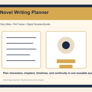 May include: A digital Novel Writing Planner with a cream background and a dark blue border. The planner includes sections for a Story Bible, Plot Tracker, and a Digital Template Bundle. The text reads: Plan characters, chapters, timelines, and continuity in one reusable system.