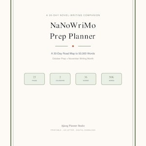 Könnte beinhalten: Ein NaNoWriMo Vorbereitungsplaner mit grünem Rand. Der Text enthält A 30-Day Novel-Writing Companion, NaNoWriMo Prep Planner, A 30-Day Road Map to 50,000 Words, October Prep + November Writing Month sowie Felder für 25 Seiten, 2 Kalender, 36 Szenen, 50K Wörter.