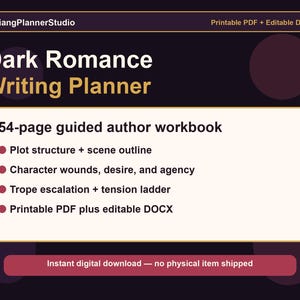 Schrijfplanner voor duistere romantiek, printbaar PDF-werkboek voor auteurs met plot, personages, stijlfiguren en scène-overzicht.