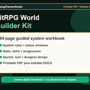 May include: A LitRPG World Builder Kit digital workbook featuring 54 pages of guided system rules, status windows, stats, skills, progression, quests, loot, and dungeon design. Includes printable PDF and editable DOCX files for creative planning.