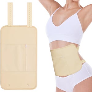 Puede incluir: Un cinturón de cintura beige con un bolsillo con cremallera y correas ajustables. El producto se muestra en una persona y también por separado. Diseñado para brindar soporte y modelado.