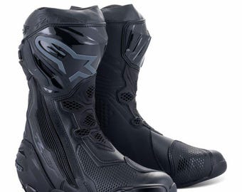 Botas de motociclismo personalizadas Alpinestars Supertech R negras, botas protectoras de cuero para motociclismo deportivo.