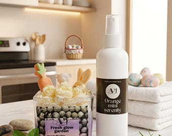 Osterkerze und Leinen Spray Geschenk Set: Fresh Glow Garden, Orange Mint Serenity