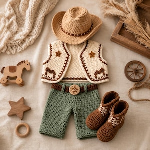 Peut inclure: Une tenue de cow-boy en crochet comprenant un chapeau beige, un gilet crème avec des motifs d'étoiles et de chevaux marron, un pantalon vert avec une ceinture marron à boucle étoilée et des bottines à lacets marron, avec des jouets en bois.