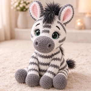 Peut inclure: Une peluche zèbre crochetée avec un corps rayé blanc et gris, une crinière et une queue en fourrure gris foncé, de grands yeux sombres avec de longs cils et des oreilles doublées de rose. L'animal est assis avec des sabots gris.