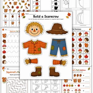 Peut inclure: Une collection de fiches d'activités éducatives sur le thème de l'automne comprenant une page de découpage pour construire un épouvantail, des jeux de comptage, des associations d'ombres, des dessins, des labyrinthes, des dominos et des additions.