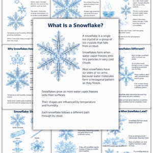 May include: An educational poster titled What Is a Snowflake? featuring a large central blue snowflake illustration, descriptive text explaining snowflake formation, hexagonal patterns, and the influence of temperature and humidity on crystal growth.