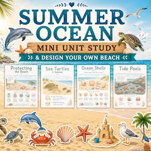 May include: A Summer Ocean mini unit study digital download featuring 16 printables. The educational set includes four activity sheets titled Protecting the Beach, Sea Turtles, Ocean Shells, and Tide Pools, plus cut-out illustrations of marine life.