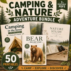 Puede incluir: Un paquete Camping & Nature Adventure Bundle que incluye tres guías de estudio en PDF imprimibles. Los títulos son Camping in the Forest, Bear Mini Unit Study y Nature Study Journal. El set contiene 50 imprimibles con imágenes de bosques.