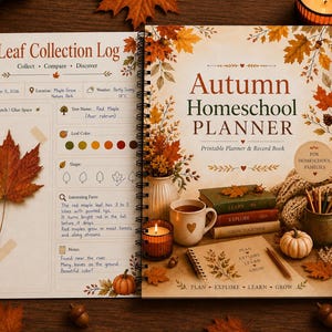 May include: A spiral-bound Autumn Homeschool Planner with a leaf collection log page. The cover features a stack of books, a mug, a candle, and pumpkins. The log page includes fields for date, location, weather, tree name, leaf color, shape, and notes.