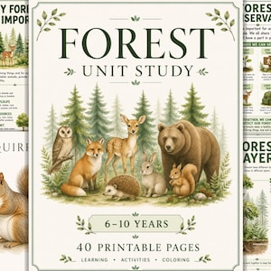 Könnte beinhalten: Ein Forest Unit Study Lernpaket mit 40 druckbaren Seiten für Kinder von 6-10 Jahren. Das Titelblatt zeigt eine zentrale Illustration eines Bären, Hirsches, Fuchses, einer Eule, eines Hasen und eines Igels in einem Wald.