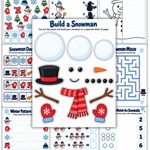 Może przedstawiać: Zbiór edukacyjnych arkuszy ćwiczeń o tematyce zimowej, zawierający gry takie jak Winter I Spy, Snowman Shadow Matching, Complete the Snowman Picture, Snowman Dominoes, labirynt, wzory do rysowania oraz stronę do wycinania i budowania bałwana.