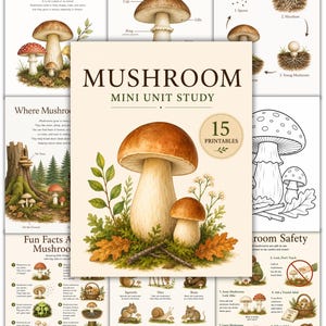 Può includere: Un pacchetto educativo Mushroom Mini Unit Study con 15 pagine stampabili. La copertina mostra un grande fungo marrone, uno più piccolo, foglie verdi e foglie di quercia. Il testo recita MUSHROOM MINI UNIT STUDY e 15 PRINTABLES.