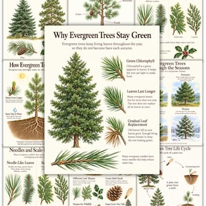 Könnte beinhalten: Ein Lehrplakat mit dem Titel Why Evergreen Trees Stay Green, das eine große zentrale Kiefernillustration, detaillierte Nadeldiagramme, Erklärungen zum Chlorophyll und Text darüber enthält, wie immergrüne Bäume ihr Laub behalten.