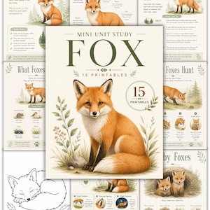 Könnte beinhalten: Eine Sammlung von pädagogischen Druckseiten mit dem Titel Mini Unit Study Fox, die Illustrationen von Füchsen, anatomische Diagramme, Informationen zu Lebensraum, Ernährung und Jagdverhalten sowie eine Titelseite enthält.