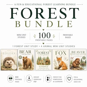 Puede incluir: Un paquete de aprendizaje sobre el bosque con 100 páginas imprimibles, que incluye una unidad de estudio forestal y cuatro mini unidades sobre animales: erizo, oso, zorro y castor. El texto dice A FUN & EDUCATIONAL FOREST LEARNING BUNDLE.