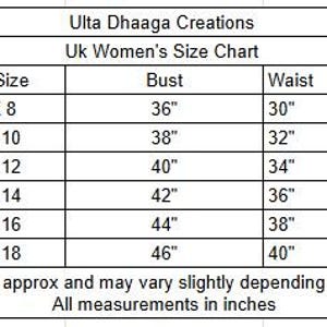 K&ouml;nnte beinhalten: Eine Gr&ouml;&szlig;entabelle von Ulta Dhaaga Creations, beschriftet mit "Uk Women's Size Chart". Die Tabelle enth&auml;lt indische und britische Gr&ouml;&szlig;en, Brust-, Taillen- und H&uuml;ftma&szlig;e in Zoll. Die Ma&szlig;e sind ungef&auml;hre Angaben.