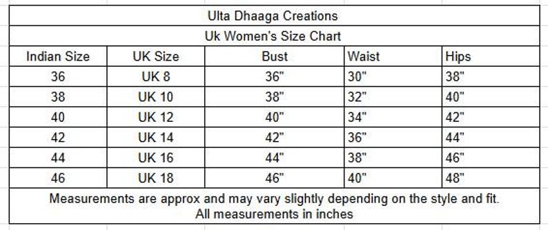 K&ouml;nnte beinhalten: Eine Gr&ouml;&szlig;entabelle von Ulta Dhaaga Creations, beschriftet mit "Uk Women's Size Chart". Die Tabelle enth&auml;lt indische und britische Gr&ouml;&szlig;en, Brust-, Taillen- und H&uuml;ftma&szlig;e in Zoll. Die Ma&szlig;e sind ungef&auml;hre Angaben.